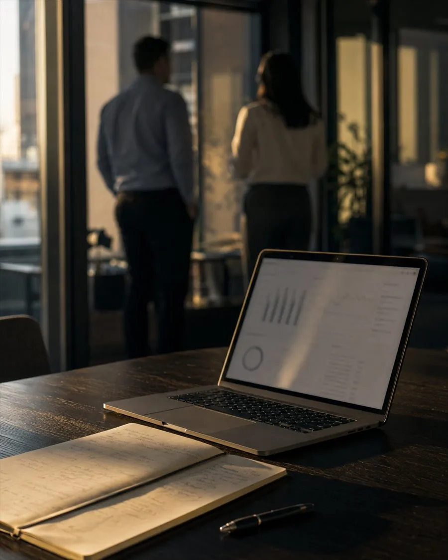 Mesa de reunião no fim de tarde, com painel de números aberto no notebook